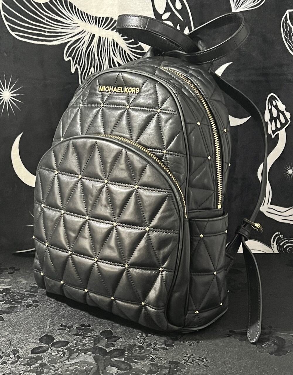 Michael Kors Abbey Medium Studded Leather Backpack Black Gold 35T8GAYB2L